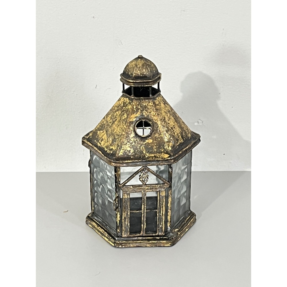 Vintage Candle Lantern  Gold Black Distressed Metal Hexagon Gazebo